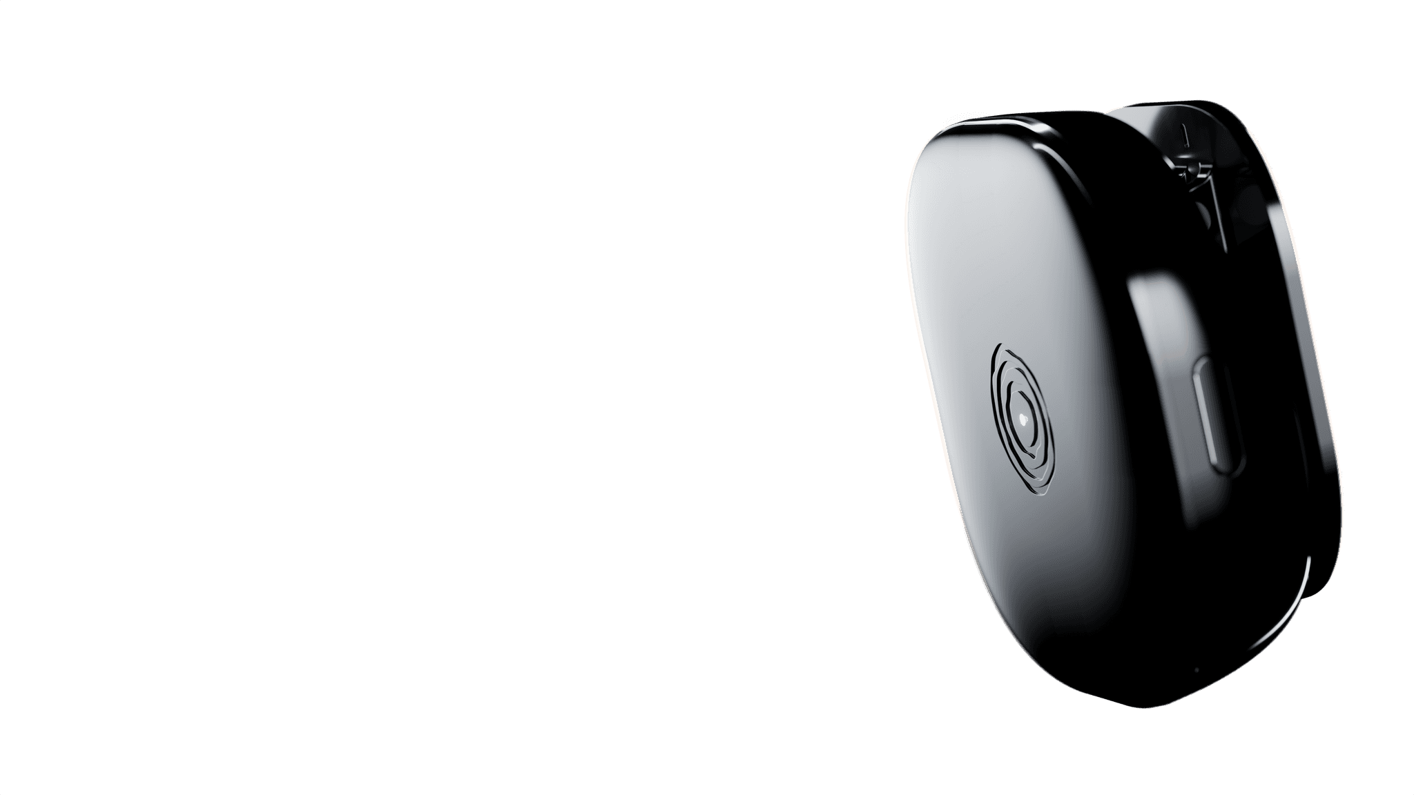 Close three-quarter render of the Buddi wearable, showing its elongated side button