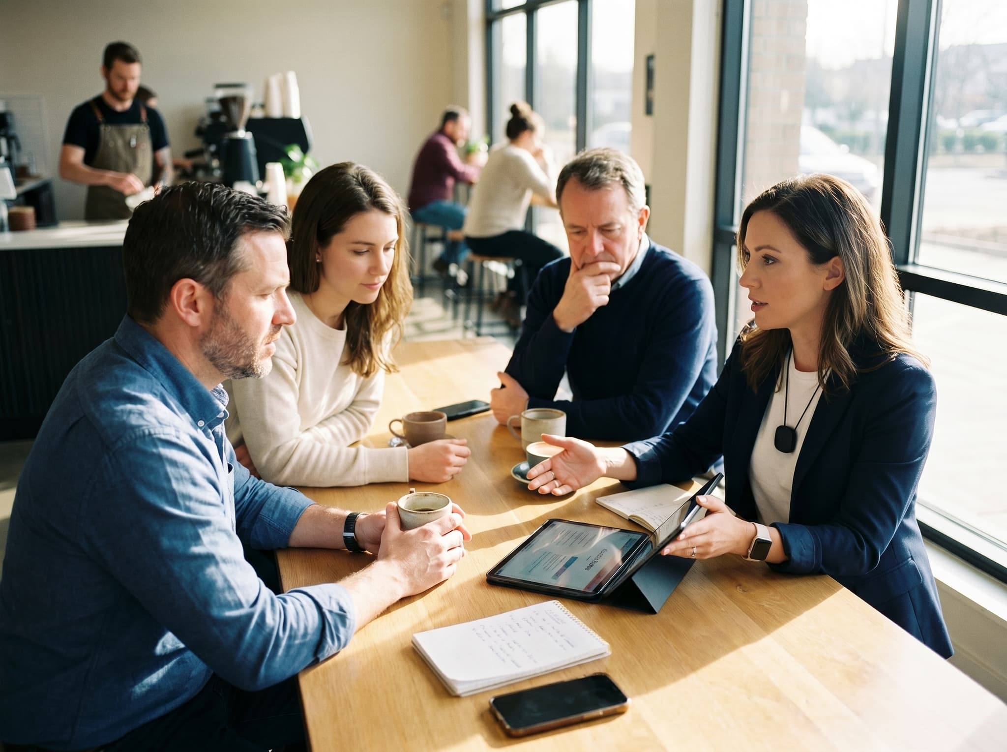 A field conversation around a tablet in a café