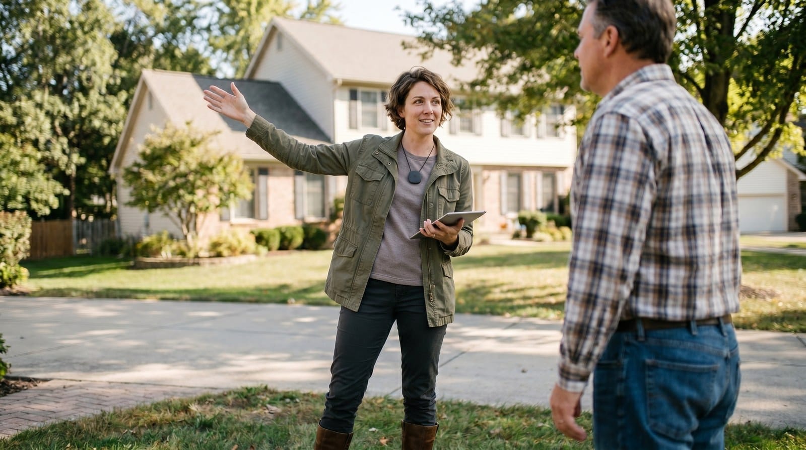 A field sales representative speaking with a homeowner in a suburban driveway.