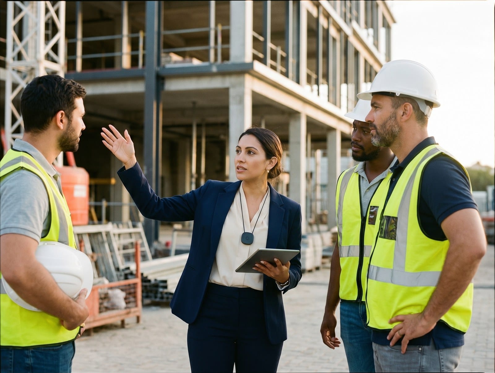 A sales representative talking with two construction contractors at a commercial job site.