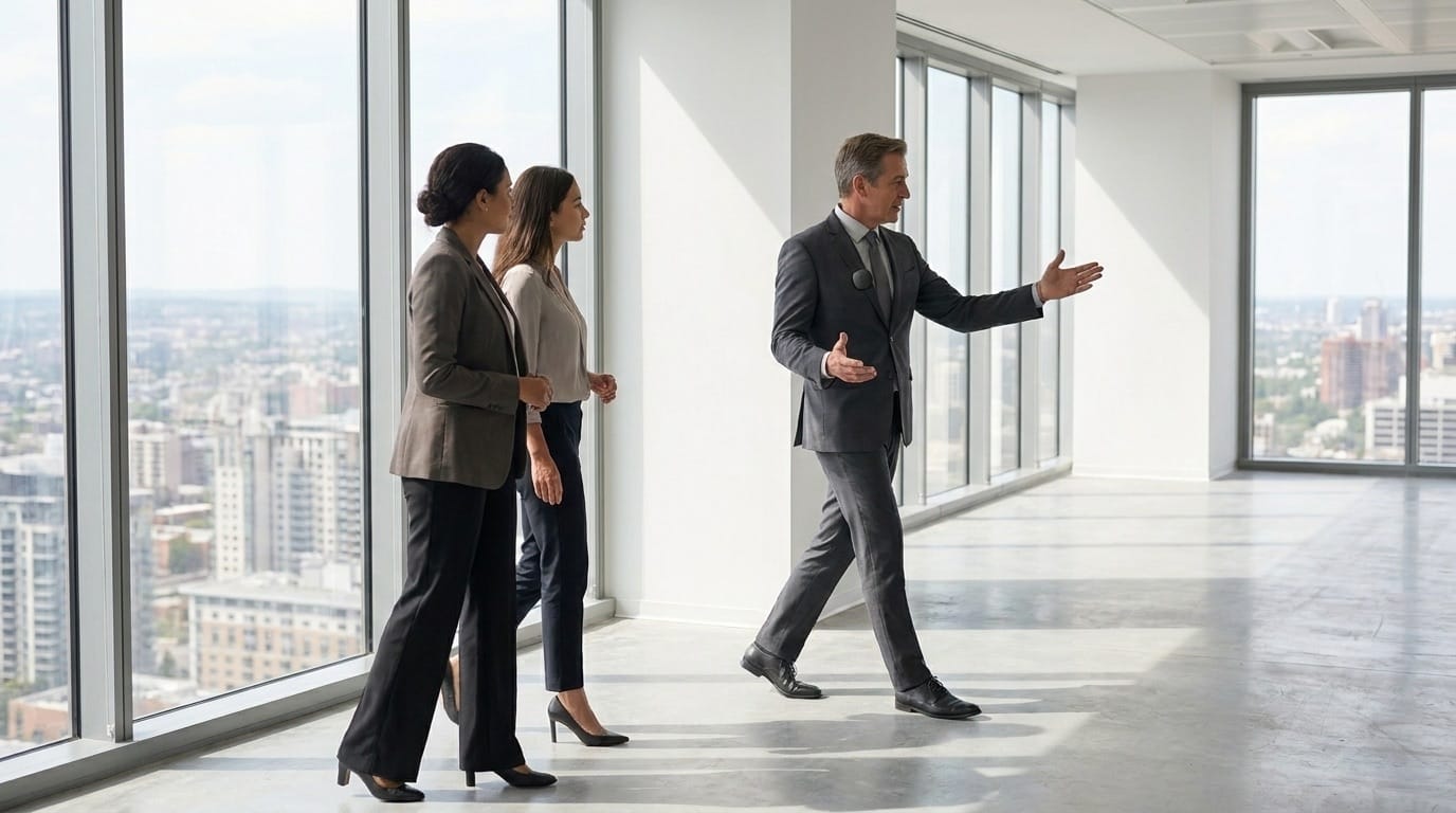 A real estate agent showing two clients an empty high-rise office space with a city view.