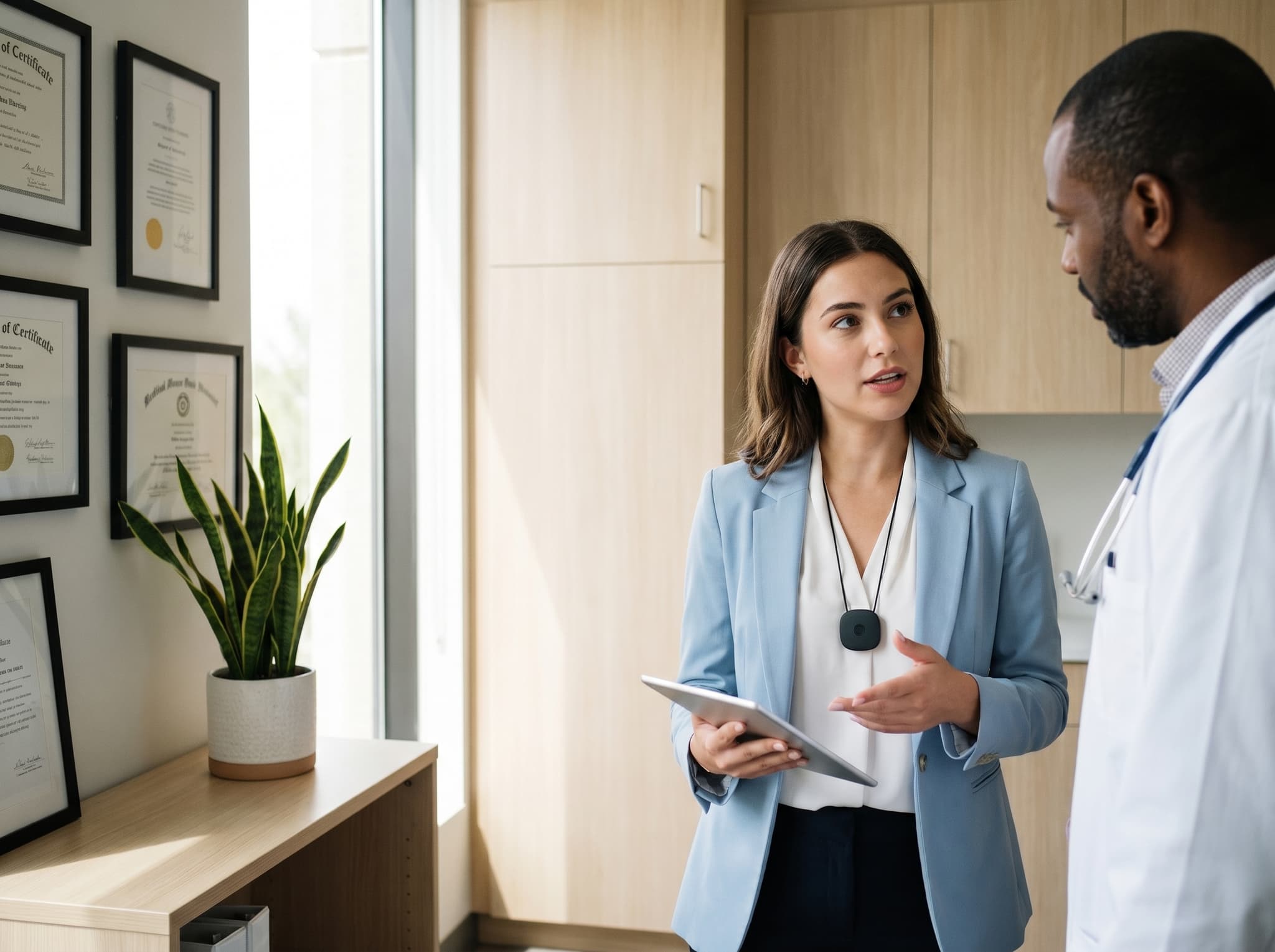 A representative speaks with a physician in a clinic consultation room